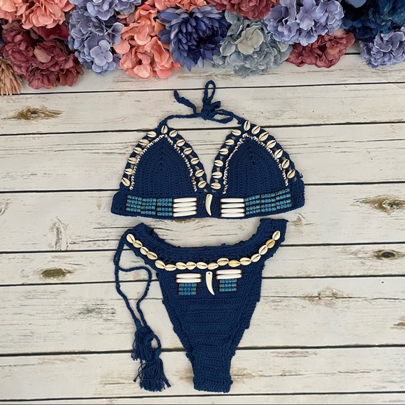 Boho Handmade Blue Shell Crochet Bikini with Beads - Picture 7 of 16